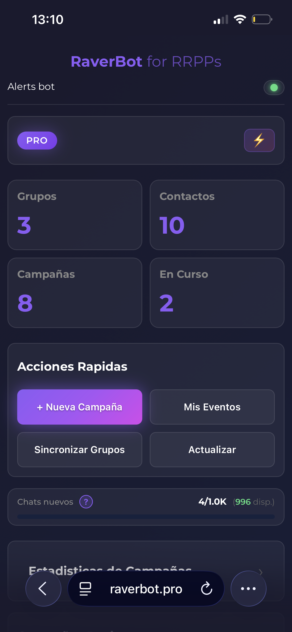 Dashboard real de RaverBot